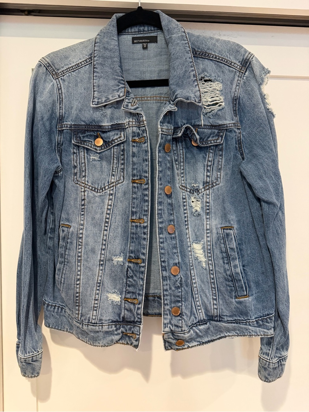 See Thru Soul Blue Distressed Denim Jacket sz XS